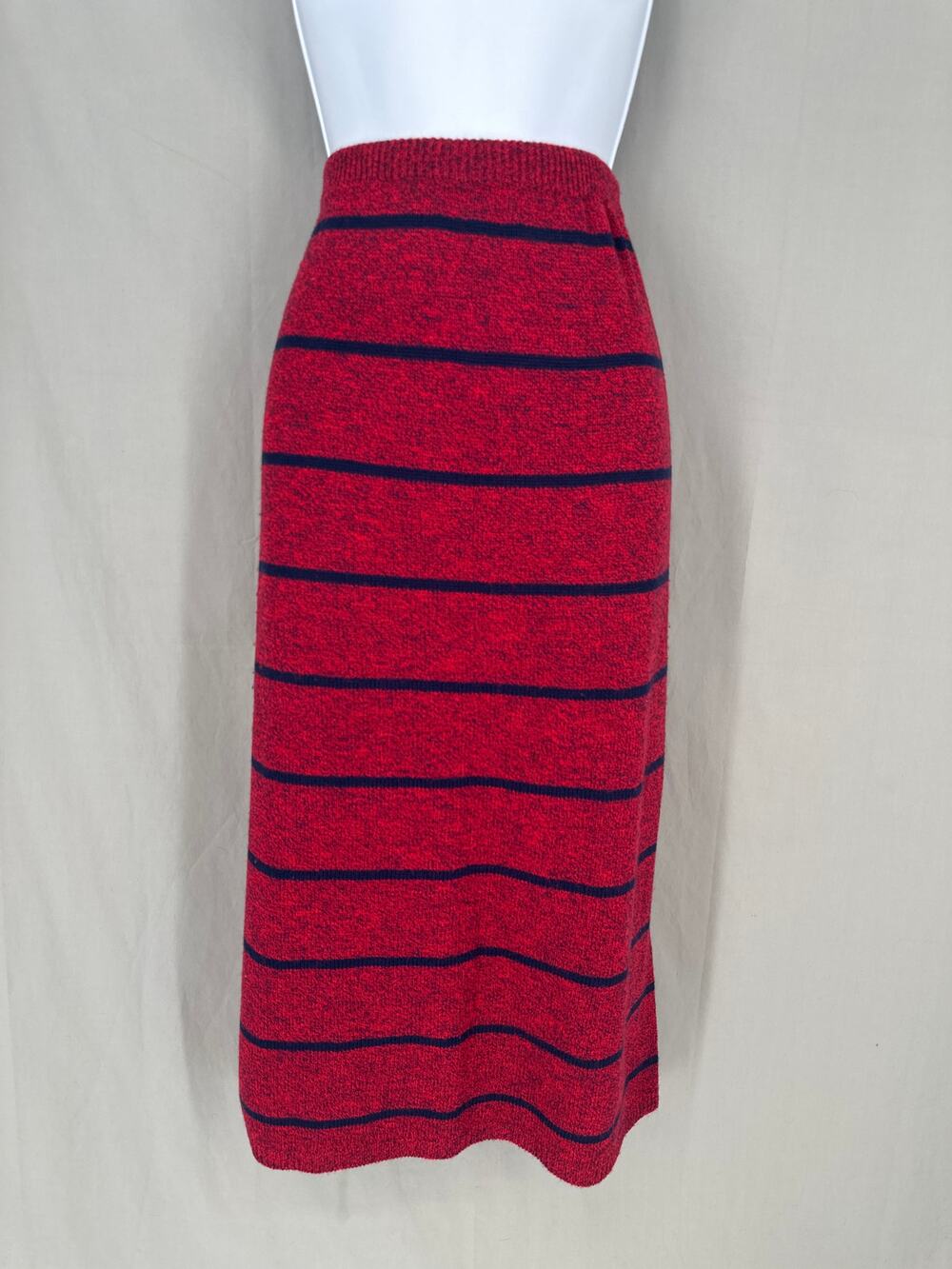 Vintage Skirt Womens Medium Red Striped Midi Navy Blue Knit Cotton Made USA